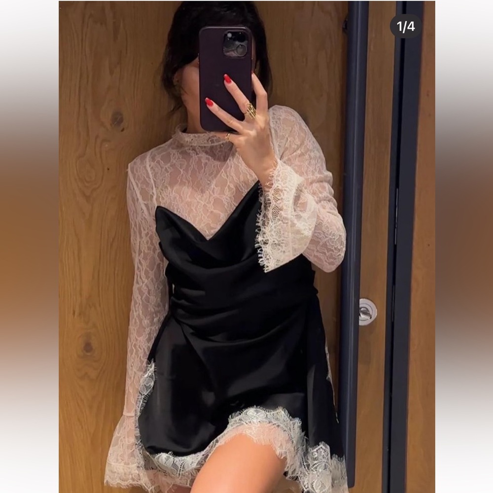 Luxurious Black satin and ivory cream lace contrast mini dress long sleeve - Picture 5 of 8